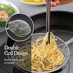 YFWOOD 7.9 Inch Spider Strainer Skimmer, Reinforced Double Coil Wire Skimmer with Large Handle Solid Stainless Steel Strainer Ladle for Cooking and Frying (1 - Piece)