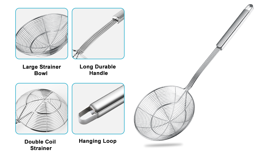YFWOOD 7.9 Inch Spider Strainer Skimmer, Reinforced Double Coil Wire Skimmer with Large Handle Solid Stainless Steel Strainer Ladle for Cooking and Frying (1 - Piece)