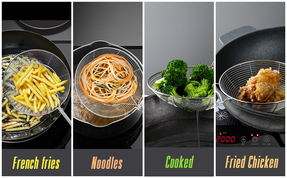 YFWOOD 7.9 Inch Spider Strainer Skimmer, Reinforced Double Coil Wire Skimmer with Large Handle Solid Stainless Steel Strainer Ladle for Cooking and Frying (1 - Piece)