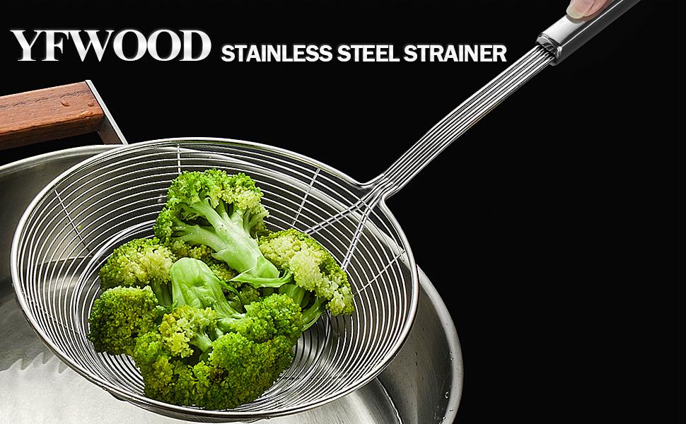 YFWOOD 7.9 Inch Spider Strainer Skimmer, Reinforced Double Coil Wire Skimmer with Large Handle Solid Stainless Steel Strainer Ladle for Cooking and Frying (1 - Piece)