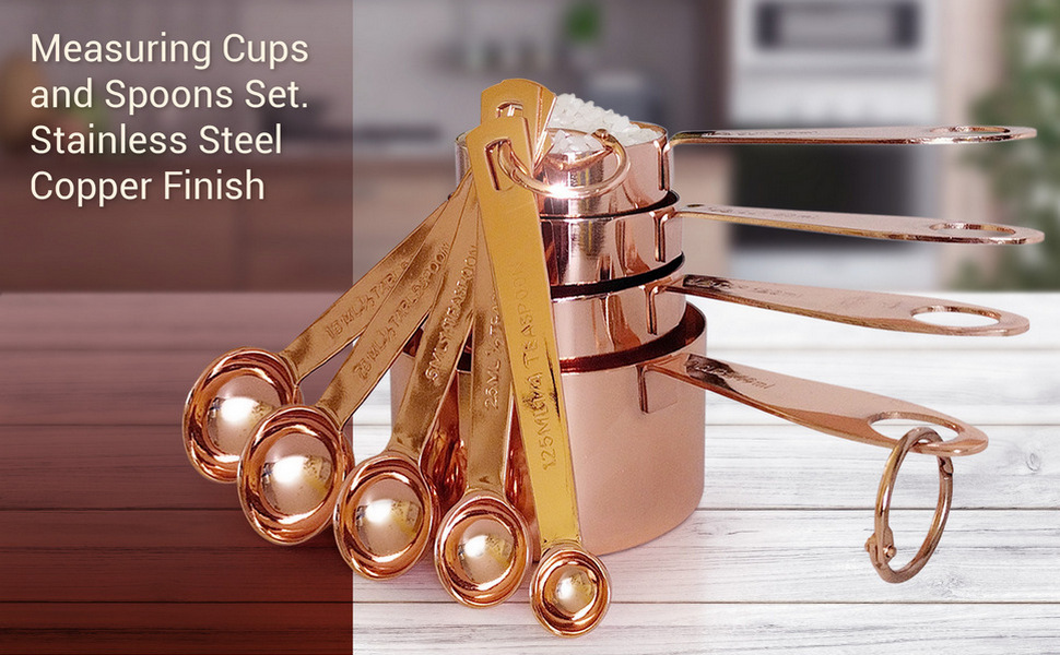 Measuring Cups and Spoons Set of 9, Utensils for Dry and Liquid Ingredients, Copper Kitchen Accessories, Rose Copper Decor for Home, Stackable, Sturdy Stainless Steel