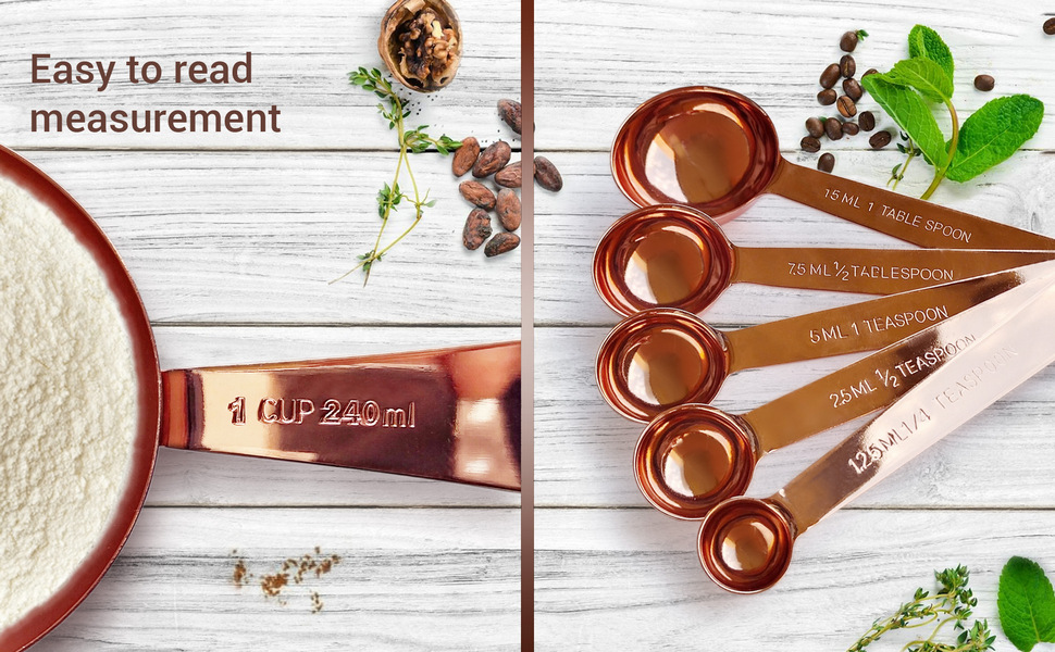 Measuring Cups and Spoons Set of 9, Utensils for Dry and Liquid Ingredients, Copper Kitchen Accessories, Rose Copper Decor for Home, Stackable, Sturdy Stainless Steel