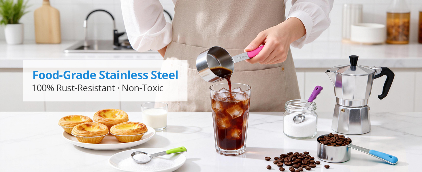 Measuring Cups and Spoons Set Stainless Steel 10 Piece for Cooking and Baking (5 Cups + 5 Spoons, Colorful Handles)