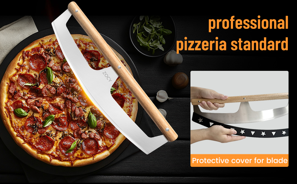 Pizza Cutter Rocker with Wooden Handles & Protective Cover by Zocy, 16