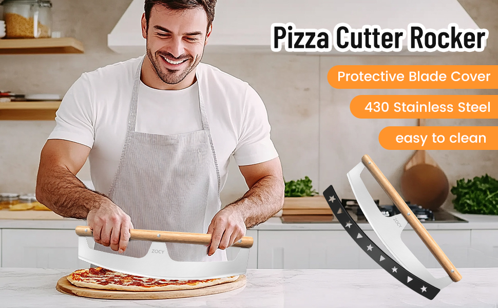 Pizza Cutter Rocker with Wooden Handles & Protective Cover by Zocy, 16