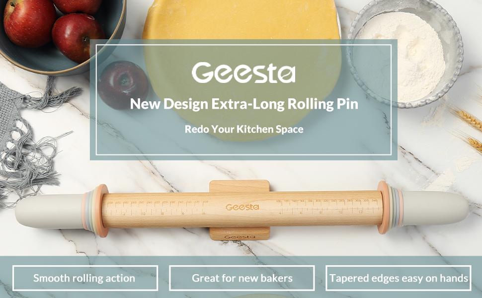 Geesta Adjustable Wood Rolling Pin with 5 Thickness Rings, Precise Dough Roller Handle Press Design with Measurement Guide for Fondant, Pizza, Pie Crust, Cookie, Pastry Baking Decorating Accessories