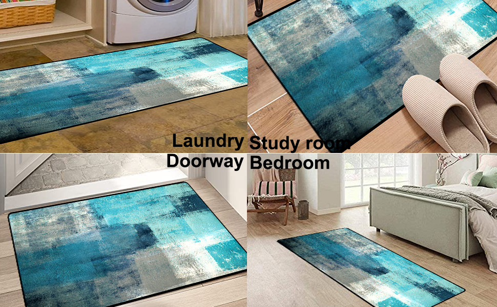 Kitchen Mats for Floor,TOMWISH Turquoise Kitchen Rug Grey Abstract Area Rug Art Painting 17