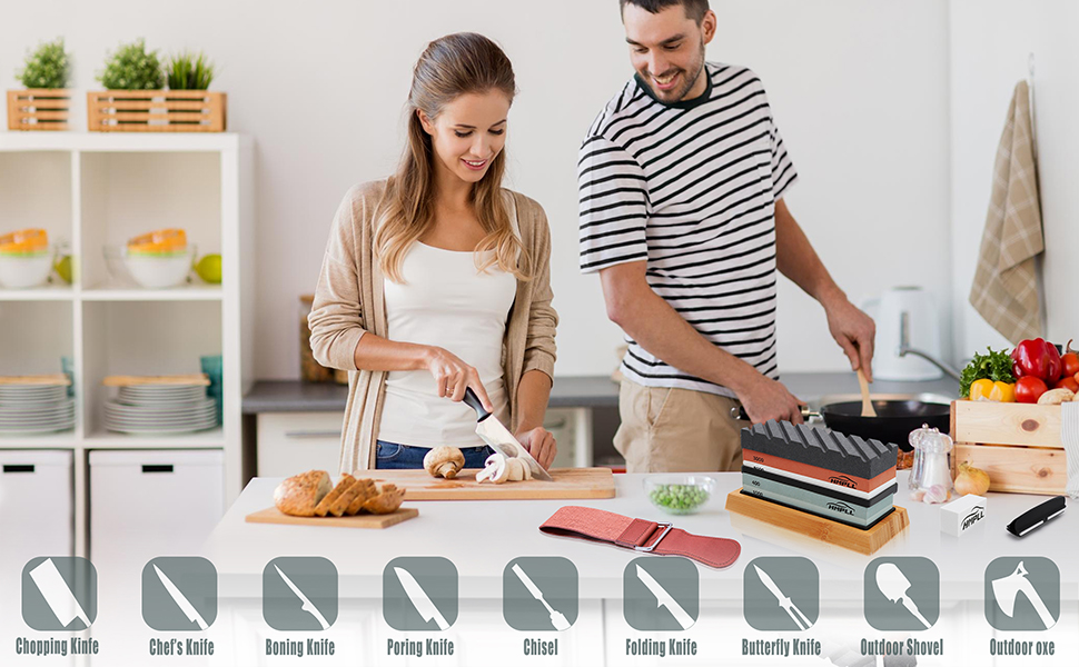 Knife Sharpening Stone Set, Professional Whetstone 4 Side Grit 400/1000 3000/8000, Whetstone Knife Sharpener Stone Set Include Non-slip Base, Leather Strop, Flattening Stone & Angle Guide