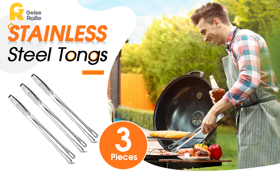 Geiserailie 3 Pcs 11 Inches Korean BBQ Tongs Stainless Steel Kitchen Tweezers Grill for Cooking Hot Pot Food Yakiniku Clamp Tool for Salad, Fish, Steak, Barbecue, Buffet, Meat