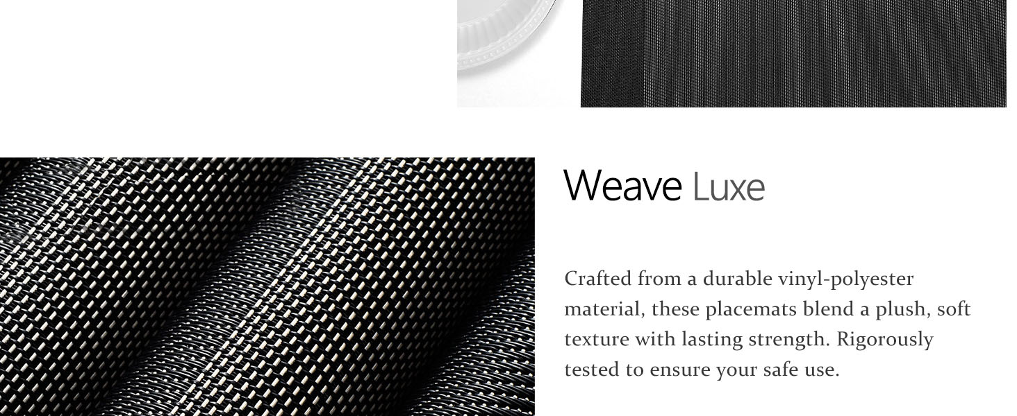 AHHFSMEI Placemats for Dining Table Set of 6 Woven Vinyl Plastic Place Mats Non-Slip Heat Insulation Stain Resistant Table Mats Washable Easy Clean Placemats (Black Corner)