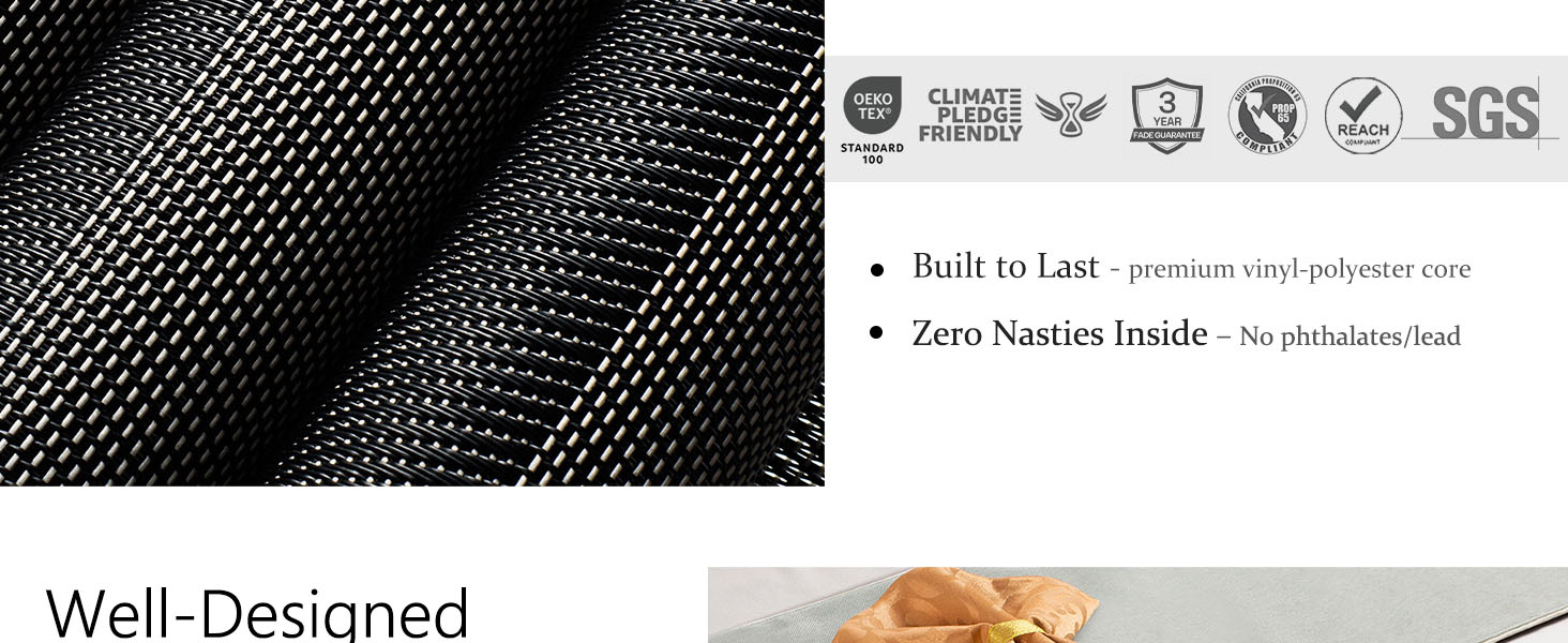 AHHFSMEI Placemats for Dining Table Set of 6 Woven Vinyl Plastic Place Mats Non-Slip Heat Insulation Stain Resistant Table Mats Washable Easy Clean Placemats (Black Corner)