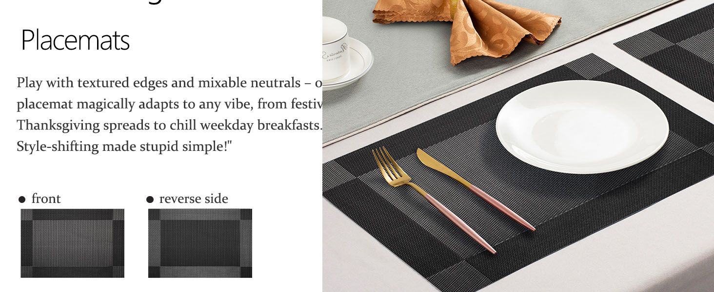 AHHFSMEI Placemats for Dining Table Set of 6 Woven Vinyl Plastic Place Mats Non-Slip Heat Insulation Stain Resistant Table Mats Washable Easy Clean Placemats (Black Corner)