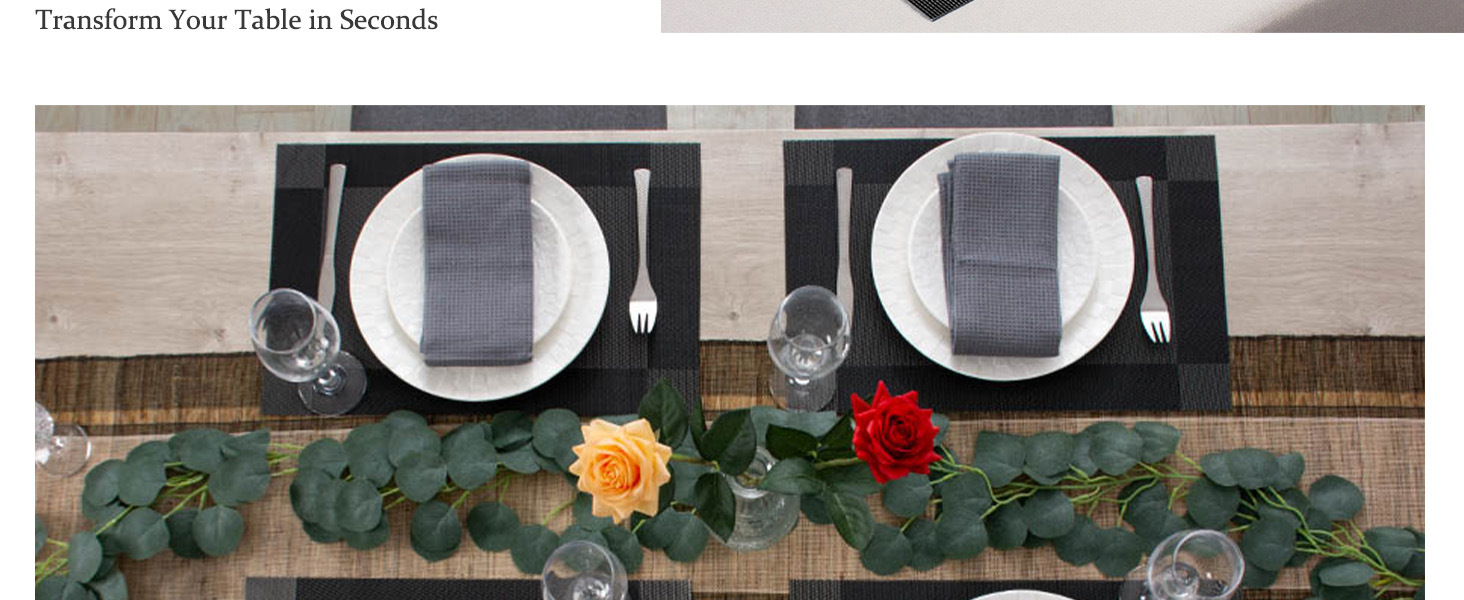 AHHFSMEI Placemats for Dining Table Set of 6 Woven Vinyl Plastic Place Mats Non-Slip Heat Insulation Stain Resistant Table Mats Washable Easy Clean Placemats (Black Corner)