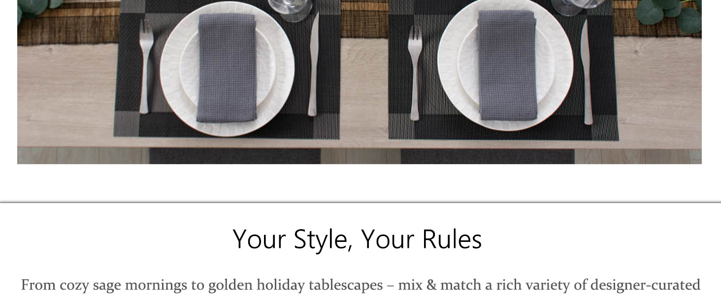 AHHFSMEI Placemats for Dining Table Set of 6 Woven Vinyl Plastic Place Mats Non-Slip Heat Insulation Stain Resistant Table Mats Washable Easy Clean Placemats (Black Corner)