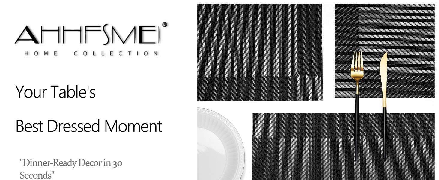 AHHFSMEI Placemats for Dining Table Set of 6 Woven Vinyl Plastic Place Mats Non-Slip Heat Insulation Stain Resistant Table Mats Washable Easy Clean Placemats (Black Corner)