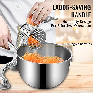 VEVOR Rotary Cheese Grater, Zinc Alloy Rotary Vegetable Mandoline, Manual Cheese Mandoline w/ 5 Stainless Steel Cutting Cones, Manual Vegetable Grater w/ 2.5L Bowl, Rotary Shredder w/Suction Base