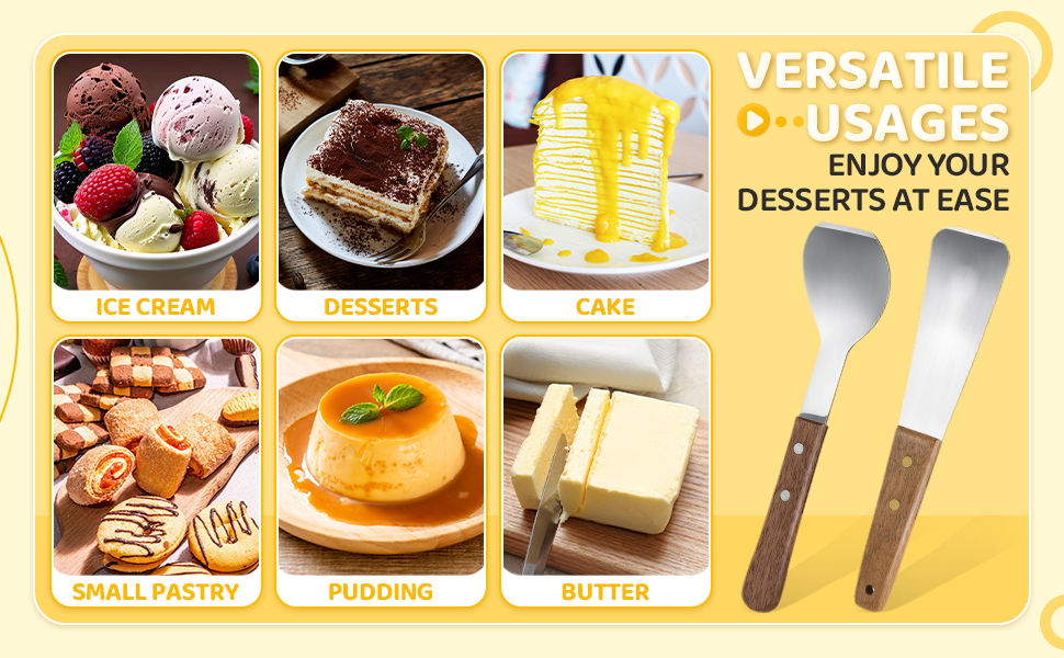 Patelai 2 Pcs Ice Cream Scoop Stainless Steel Ice Cream Shovel with Wooden Handle Dessert Spade Butter Cutter Flat Metal Spade for Dining Kitchen Utensil Home Commercial