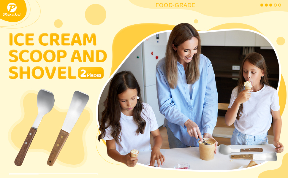 Patelai 2 Pcs Ice Cream Scoop Stainless Steel Ice Cream Shovel with Wooden Handle Dessert Spade Butter Cutter Flat Metal Spade for Dining Kitchen Utensil Home Commercial