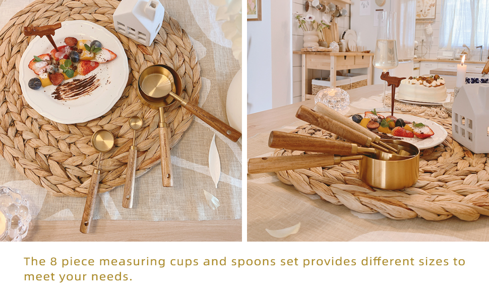 Measuring Cups and Spoons Set of 8, Golden Stainless Steel Measuring Cup with Wooden Handle, Kitchen/Food/Liquid/Baking (gold)