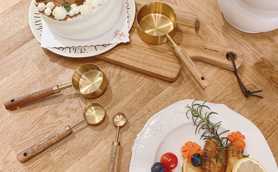 Measuring Cups and Spoons Set of 8, Golden Stainless Steel Measuring Cup with Wooden Handle, Kitchen/Food/Liquid/Baking (gold)