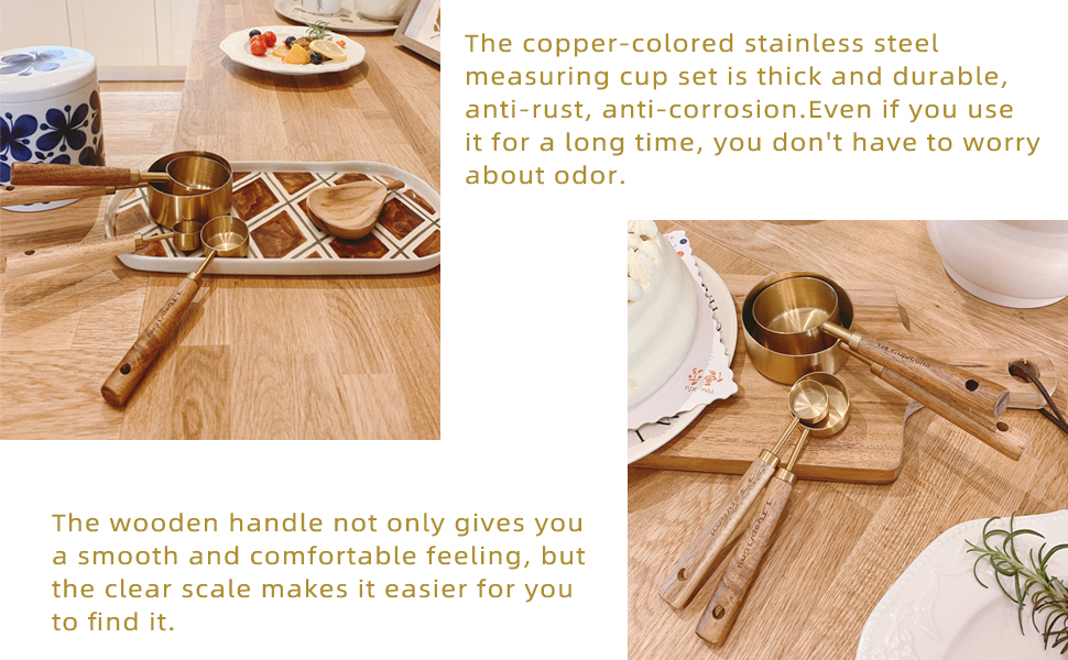 Measuring Cups and Spoons Set of 8, Golden Stainless Steel Measuring Cup with Wooden Handle, Kitchen/Food/Liquid/Baking (gold)