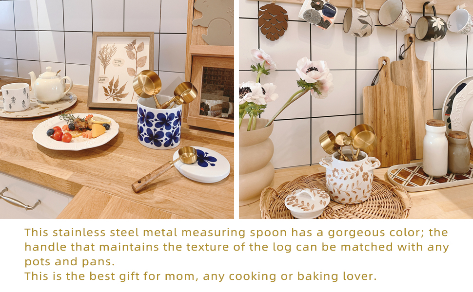 Measuring Cups and Spoons Set of 8, Golden Stainless Steel Measuring Cup with Wooden Handle, Kitchen/Food/Liquid/Baking (gold)