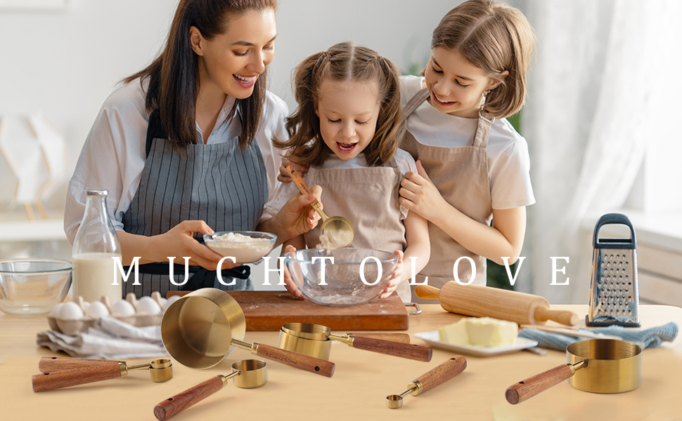 Measuring Cups and Spoons Set of 8, Golden Stainless Steel Measuring Cup with Wooden Handle, Kitchen/Food/Liquid/Baking (gold)