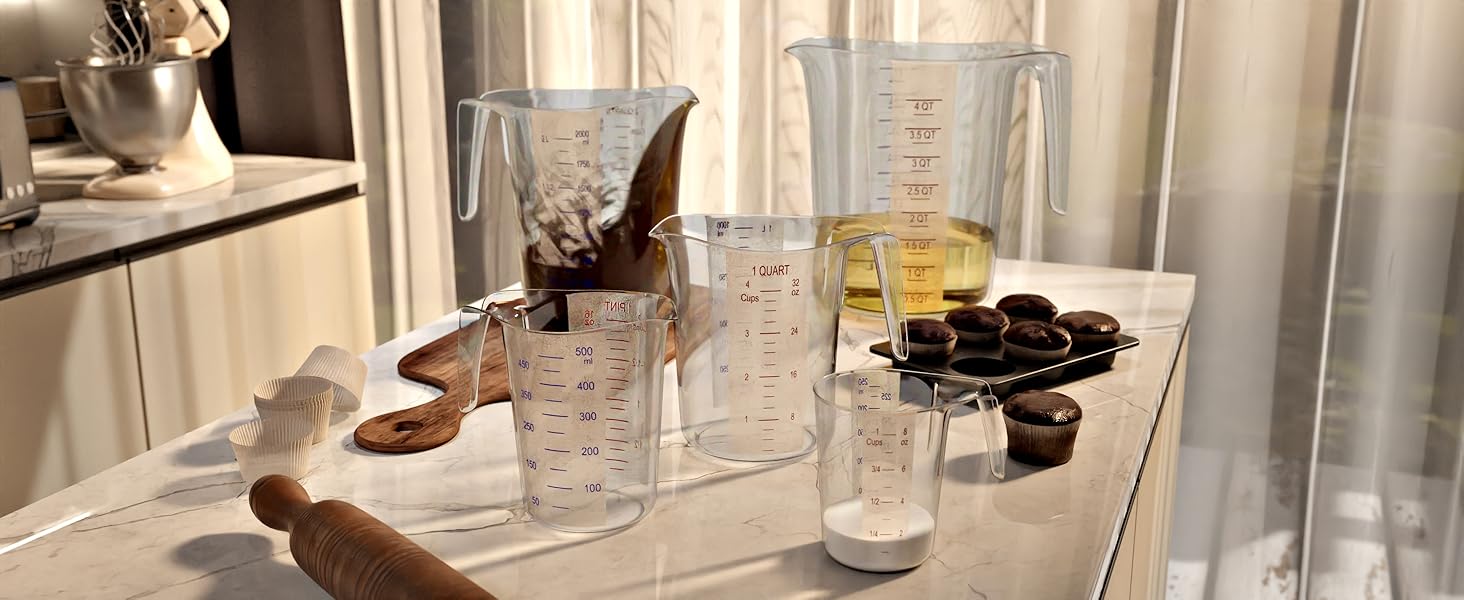 Amazing Abby - Melissa - Plastic Measuring Cups (3-Piece Set), Food-Grade Measuring Jugs, 1/2/4-Cup Capacity, Unbreakable, Stackable, Dishwasher-Safe, Great for Oil, Vinegar, Flour, and More