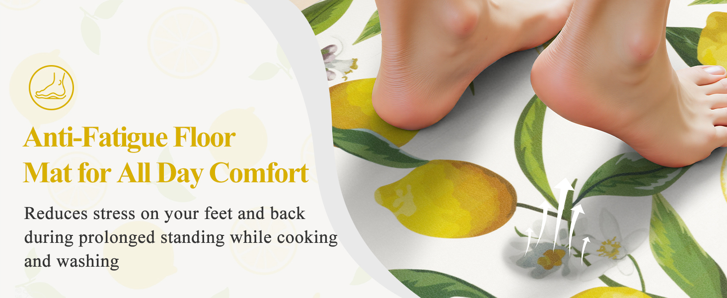 SHACOS Anti Fatigue Lemon Kitchen Rugs Mats Set of 2 Pieces Non Slip Soft Cushioned Wipeable Kitchen Mats for Floor Standing Mats, 17