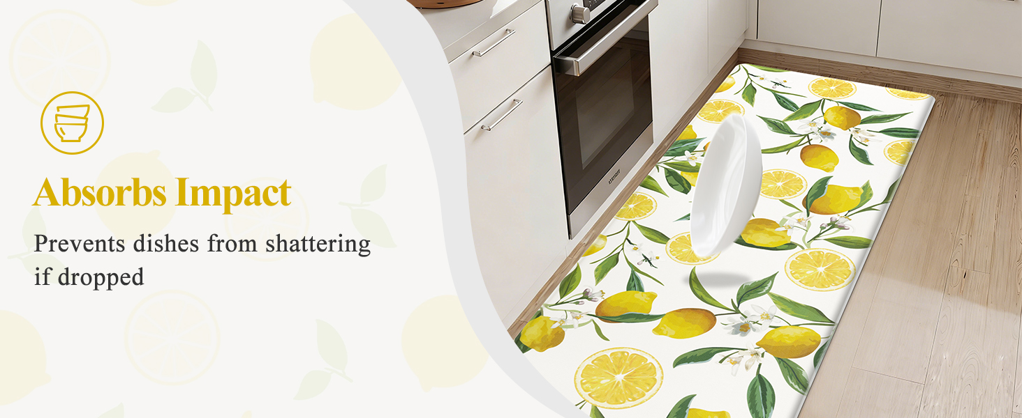 SHACOS Anti Fatigue Lemon Kitchen Rugs Mats Set of 2 Pieces Non Slip Soft Cushioned Wipeable Kitchen Mats for Floor Standing Mats, 17