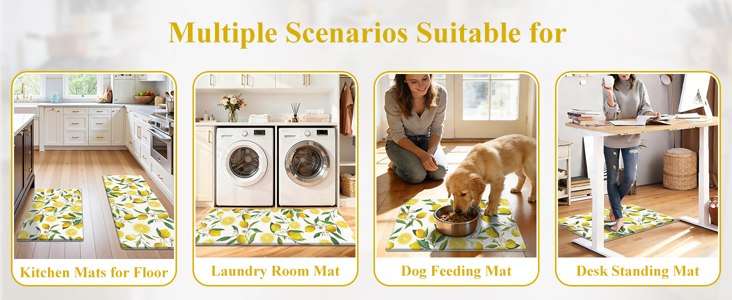 SHACOS Anti Fatigue Lemon Kitchen Rugs Mats Set of 2 Pieces Non Slip Soft Cushioned Wipeable Kitchen Mats for Floor Standing Mats, 17