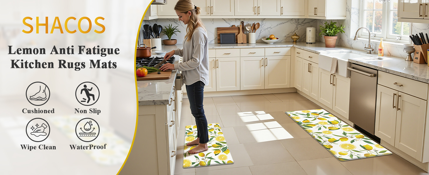 SHACOS Anti Fatigue Lemon Kitchen Rugs Mats Set of 2 Pieces Non Slip Soft Cushioned Wipeable Kitchen Mats for Floor Standing Mats, 17