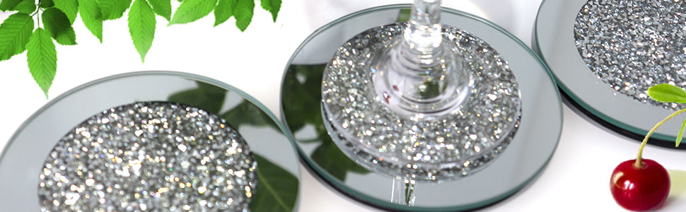 GIMORRTO Glass Mirrored Coaster 4 PC, Crushed Diamond Round 4