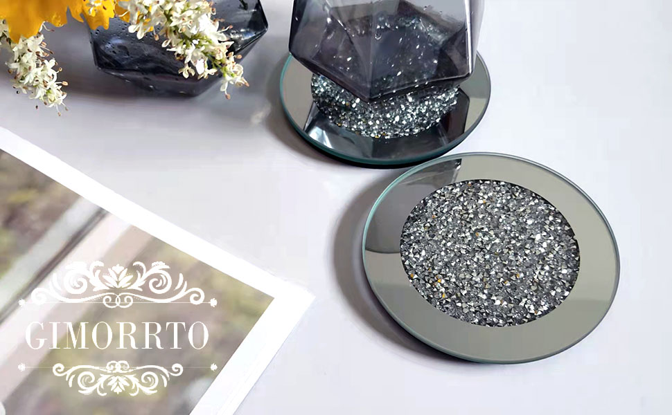 GIMORRTO Glass Mirrored Coaster 4 PC, Crushed Diamond Round 4