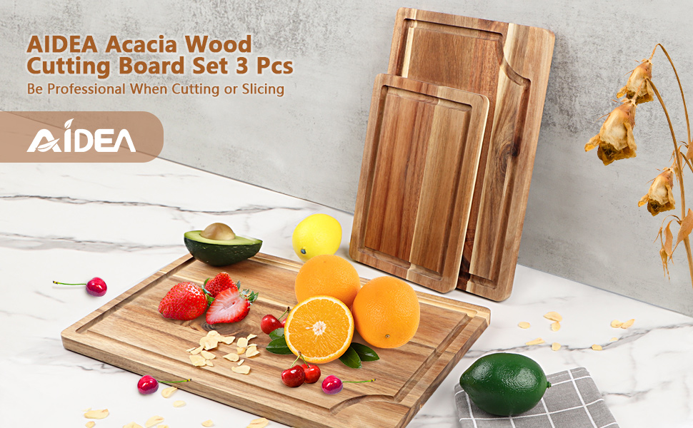 Acacia Wood Cutting Board Set with Juice Groove (3 Pieces), Organic Wooden Cutting Boards for kitchen, Butcher Block Cutting Board for Meat, Vegetable, Wooden Chopping Board 15x10, 12x8, 9x6 inch