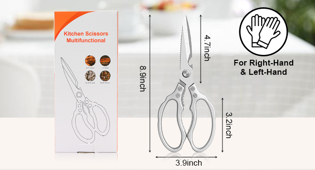 CGBE Kitchen Scissors, Multi-Purpose Kitchen Shears, Heavy Duty Dishwasher Safe Food Scissors for Chicken, Poultry, Fish, Meat & Herbs with Non-Slip Grips - Sliver