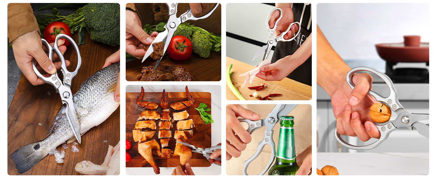 CGBE Kitchen Scissors, Multi-Purpose Kitchen Shears, Heavy Duty Dishwasher Safe Food Scissors for Chicken, Poultry, Fish, Meat & Herbs with Non-Slip Grips - Sliver