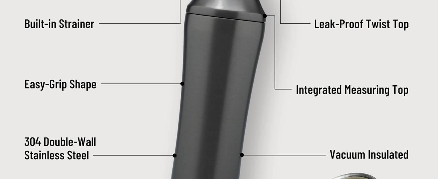 Elevated Craft Hybrid Cocktail Shaker - Premium Vacuum Insulated Stainless Steel Gunmetal Cocktail Shaker - Innovative Measuring System - Martini Shaker for the Home Bartender - 28oz Total Volume