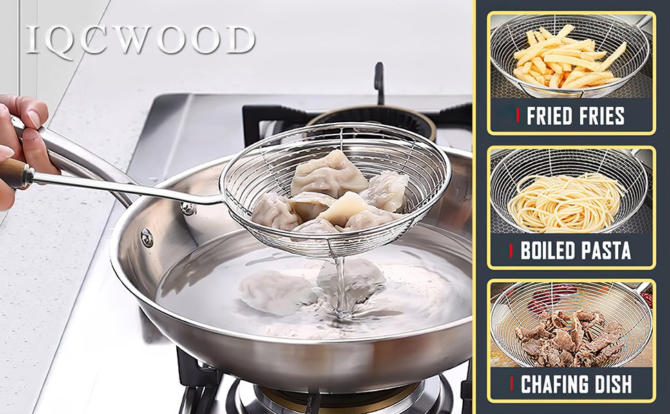 IQCWOOD Spider Strainer Skimmer with Wood Handle - 5.5 Inch Fryer Scoop for Cooking and Frying, Kitchen Utensils Pasta Strainer Spoon