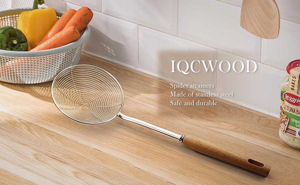 IQCWOOD Spider Strainer Skimmer with Wood Handle - 5.5 Inch Fryer Scoop for Cooking and Frying, Kitchen Utensils Pasta Strainer Spoon