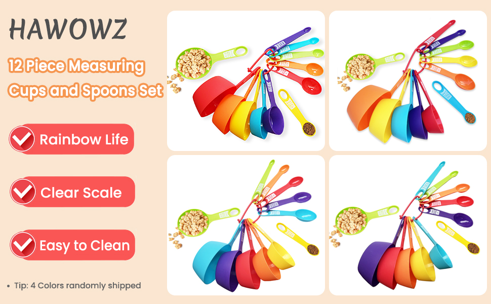 12 Piece Measuring Cups and Spoons Set, Colored Kitchen Measure Tools, Durable Nesting Cups and Spoons for Dry and Liquid, Dishwasher Safe