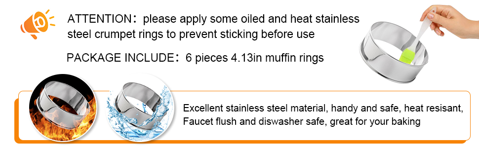 4inch English Muffin Rings, 6pcs Double Rolled Stainless Steel Crumpet Tart Rings for Baking