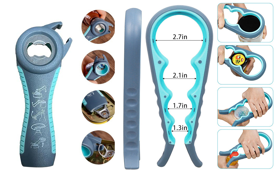 Jar Opener for Seniors with Arthritis,Jar Opener for Weak Hands,5-in-1 Bottle Opener,4-in-1 Can Opener (A-Blue)