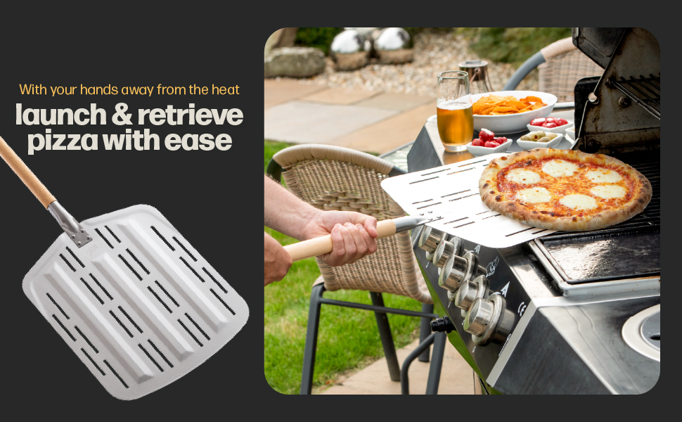 Hans Grill Pizza Peel PRO | Made for XL Pizza 12 inch + | Professional Restaurant Grade Perforated Metal Non-Stick Paddle for launching, turning and retrieving pizzas