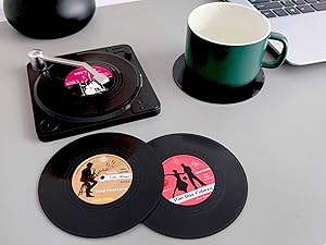 Valdivia Funny Retro Vinyl Record Coasters with Player, 6 Pcs Music Coasters for Drinks, Bars, Party, Birthday Gifts for Music Lovers, Home Decor Housewarming and White Elephant Gifts Ideas