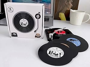 Valdivia Funny Retro Vinyl Record Coasters with Player, 6 Pcs Music Coasters for Drinks, Bars, Party, Birthday Gifts for Music Lovers, Home Decor Housewarming and White Elephant Gifts Ideas