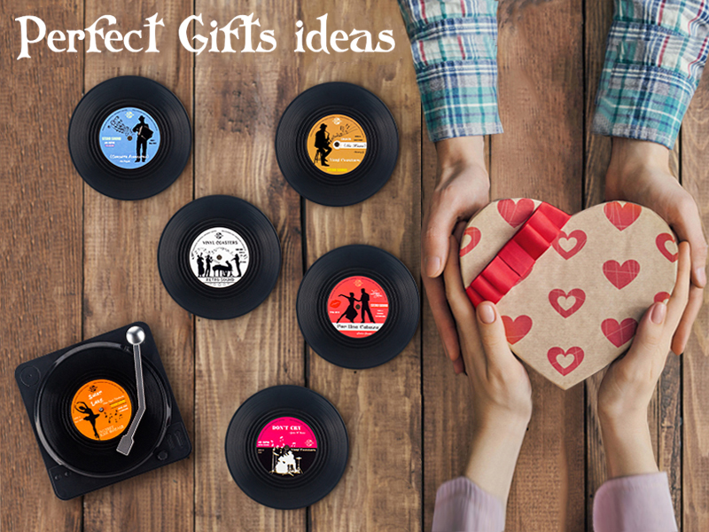 Valdivia Funny Retro Vinyl Record Coasters with Player, 6 Pcs Music Coasters for Drinks, Bars, Party, Birthday Gifts for Music Lovers, Home Decor Housewarming and White Elephant Gifts Ideas