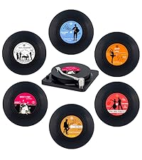 Valdivia Funny Retro Vinyl Record Coasters with Player, 6 Pcs Music Coasters for Drinks, Bars, Party, Birthday Gifts for Music Lovers, Home Decor Housewarming and White Elephant Gifts Ideas