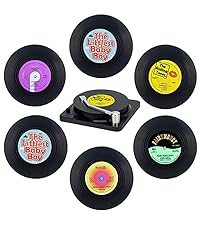 Valdivia Funny Retro Vinyl Record Coasters with Player, 6 Pcs Music Coasters for Drinks, Bars, Party, Birthday Gifts for Music Lovers, Home Decor Housewarming and White Elephant Gifts Ideas