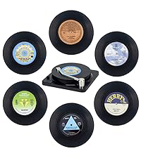 Valdivia Funny Retro Vinyl Record Coasters with Player, 6 Pcs Music Coasters for Drinks, Bars, Party, Birthday Gifts for Music Lovers, Home Decor Housewarming and White Elephant Gifts Ideas